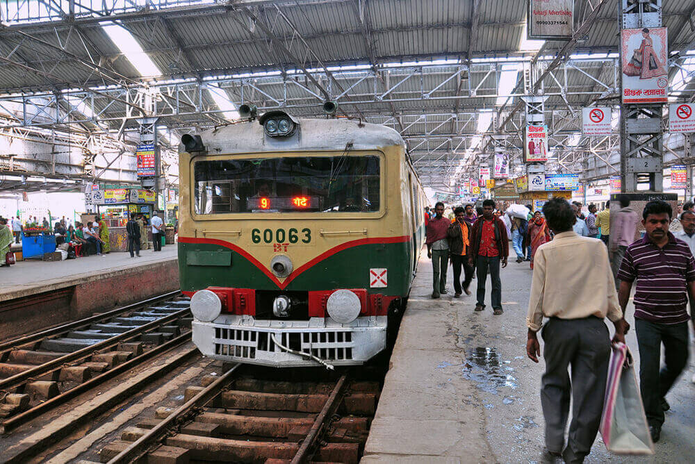 Front of train in crowded station at Kolkata Metro Rail